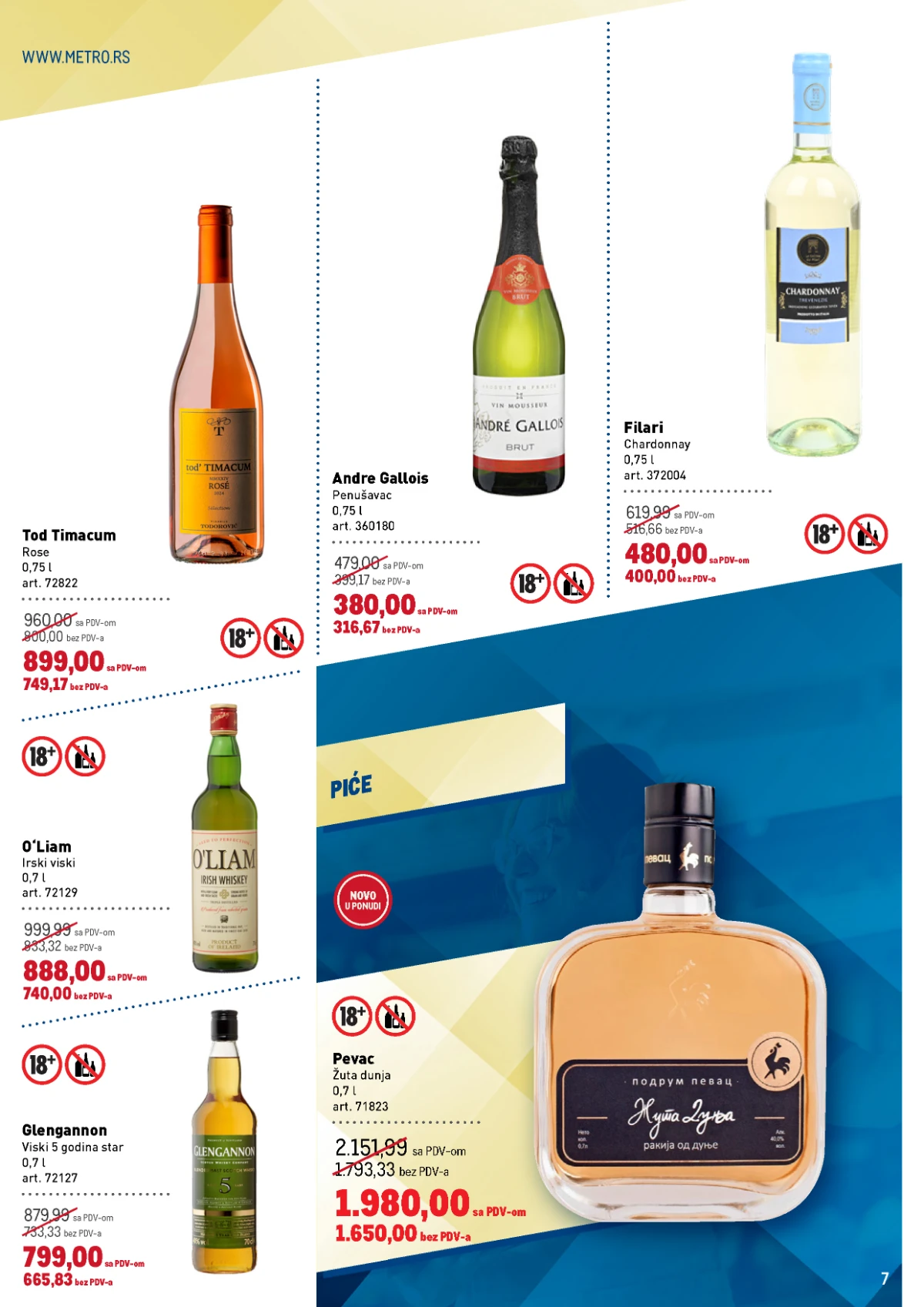 Metro katalog strana 7 – Tod Timacum vino, Pevac rakija i viski akcija