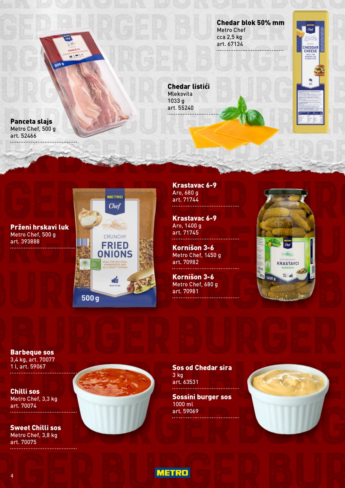 METRO burger katalog 2026 – cheddar sir, panceta, sosovi i kiseli krastavci