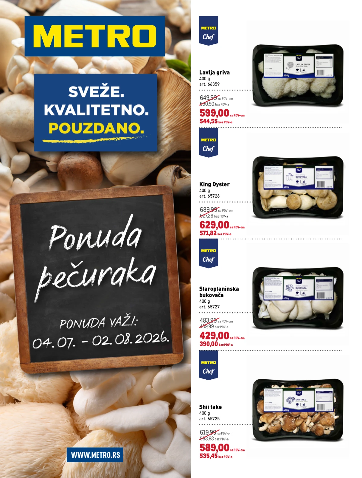 METRO ponuda pečuraka – akcijske cene svežih pečuraka od 04.07. do 02.08.2026.