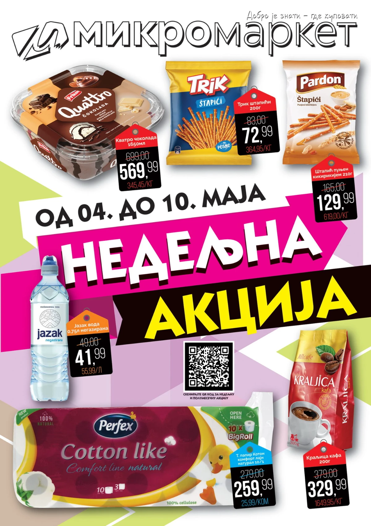 Mikromarket nedeljna akcija 04–10.05.2026 Quattro sladoled Trik štapići Jazak voda Perfex Kraljica kafa cene