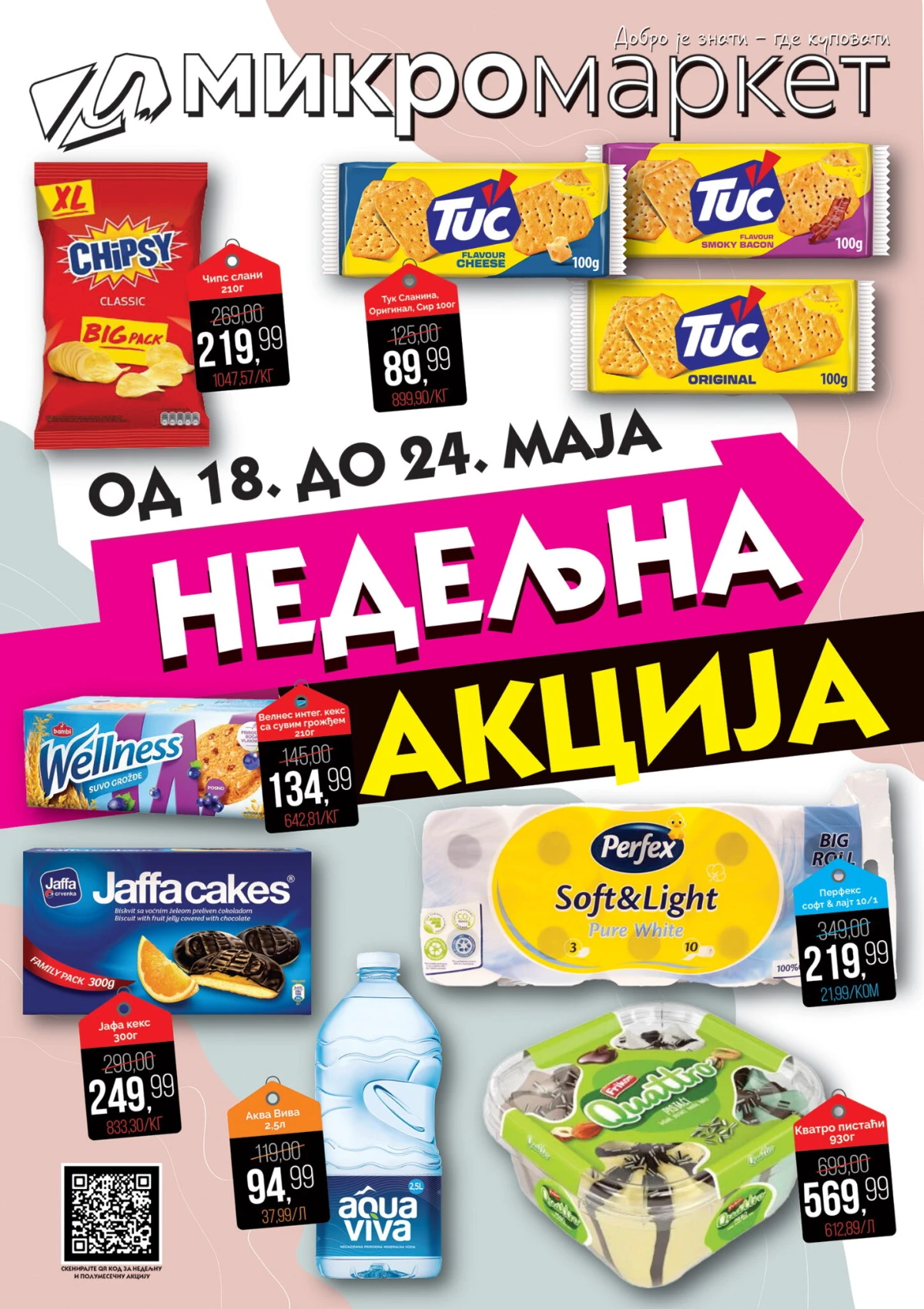 Mikromarket nedeljna akcija do 24.05.2026 Chipsy Tuc Perfex Jaffa Cakes i Quattro proizvodi na sniženju