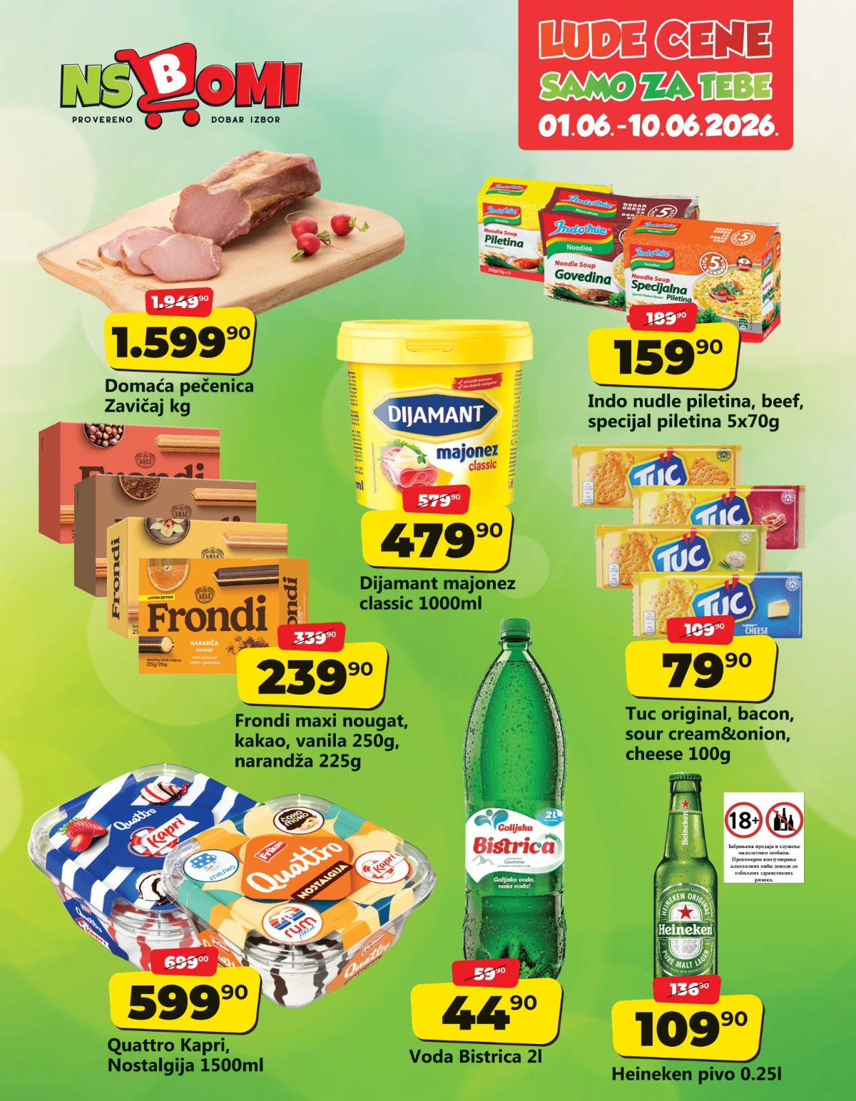 NS Bomi lude cene od 01.06. do 10.06.2026 domaća pečenica Dijamant majonez Tuc krekeri Frondi i Heineken katalog akcija