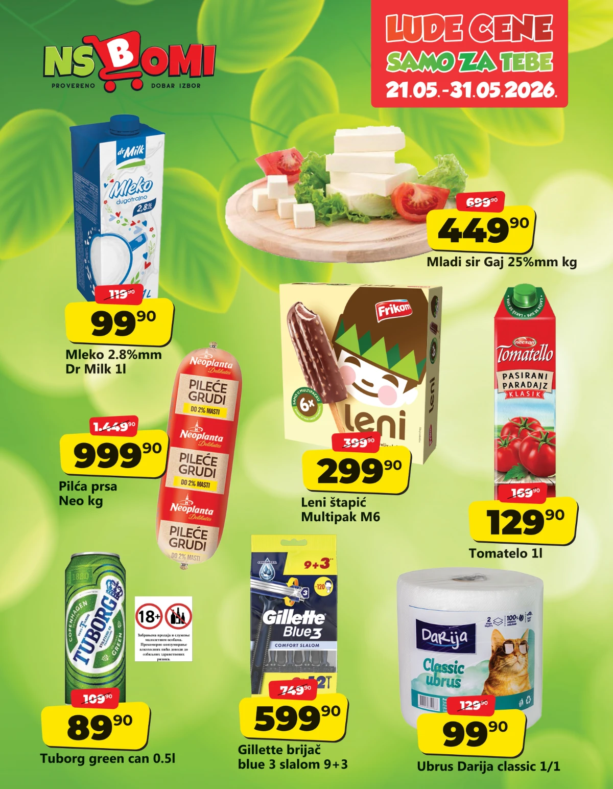 NS Bomi lude cene 21–31.05.2026 mleko Dr Milk pileća prsa Tomatello Leni i Tuborg katalog akcija