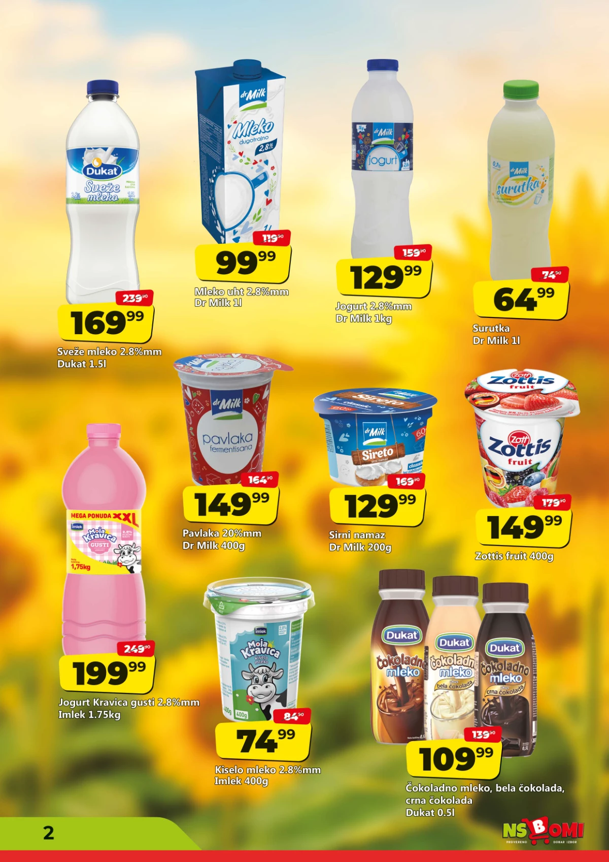 NS Bomi katalog strana 2 – mleko, jogurt, pavlaka, kiselo mleko i mlečni proizvodi po akcijskim cenama