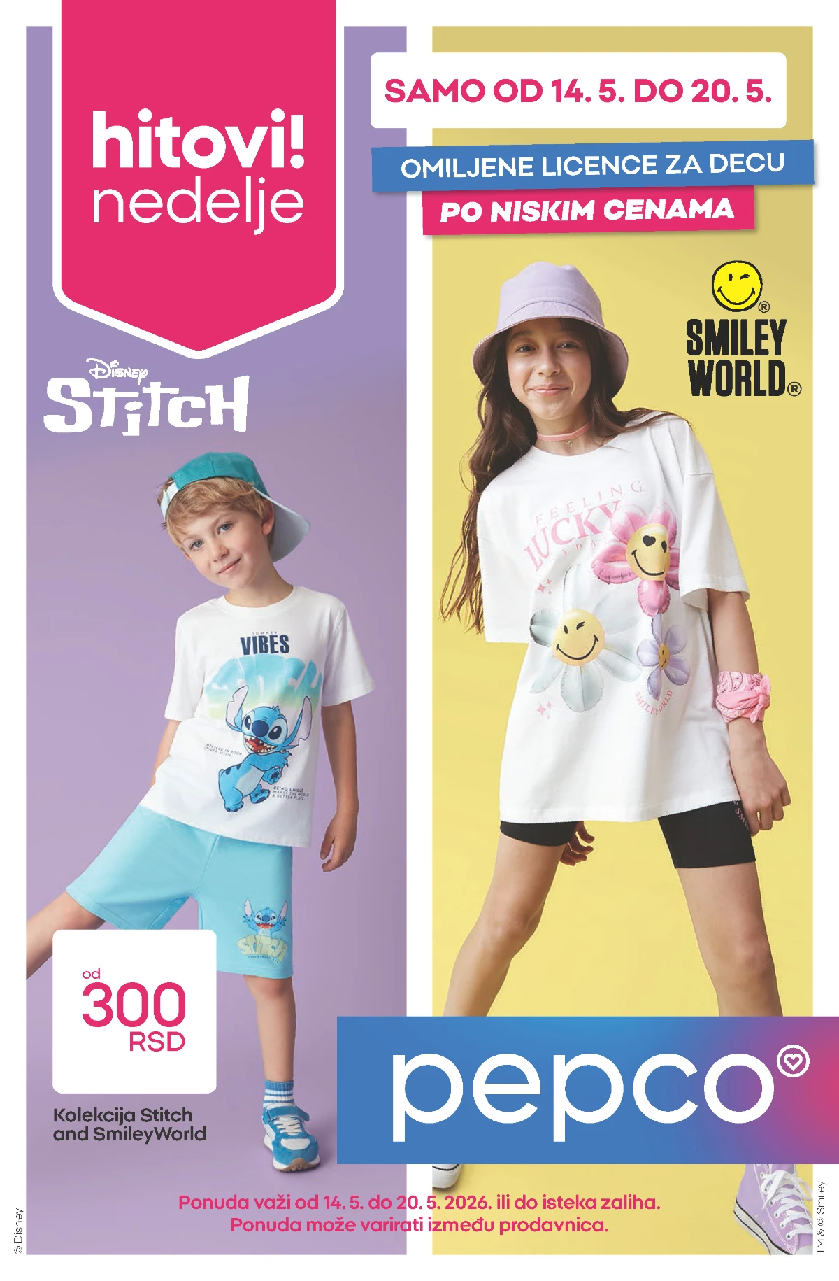 Pepco Hitovi nedelje maj 2026 Stitch majice od 300 RSD i SmileyWorld kolekcija strana 1