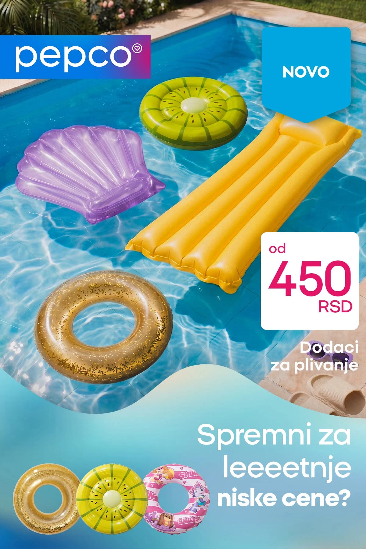 Pepco akcija maj 2026 – dušeci na naduvavanje, školjka i kolutovi za plivanje od 450 RSD