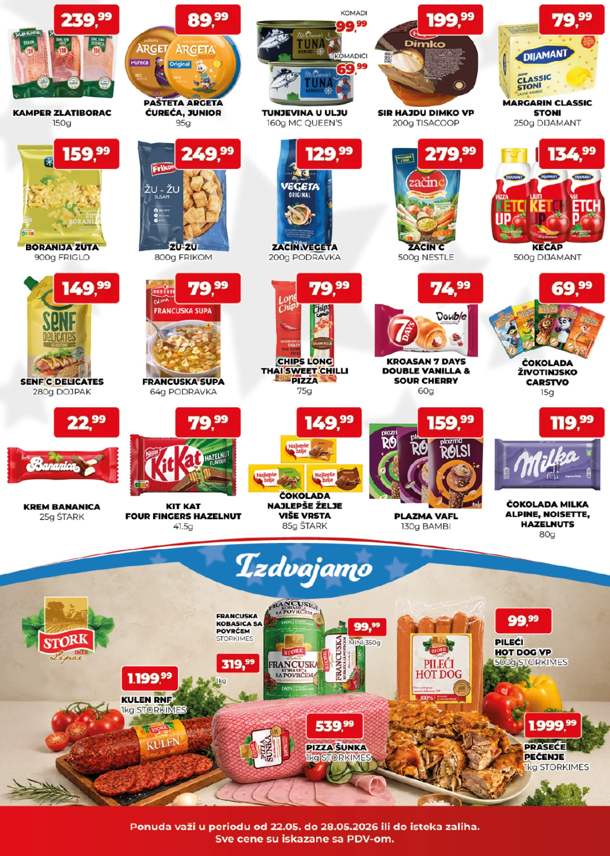 Plus Cash & Carry akcija – suhomesnato, prehrana i slatkiši po nižim cenama do 28.05.2026 Plus Cash & Carry katalog strana 2 – kobasice, tunjevina, začini i Milka proizvodi na akciji