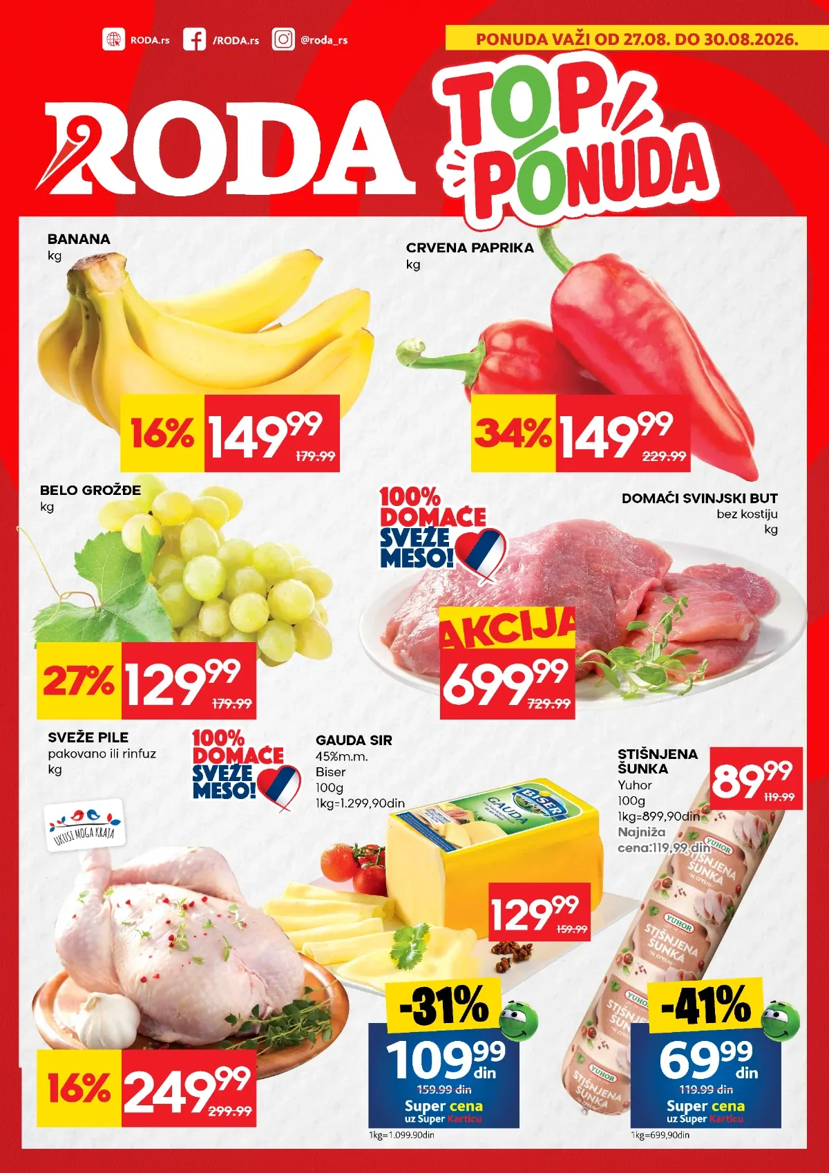 Roda TOP ponuda od 27.08. do 30.08.2026. – akcijske cene mesa, voća, povrća, sira i suhomesnatih proizvoda