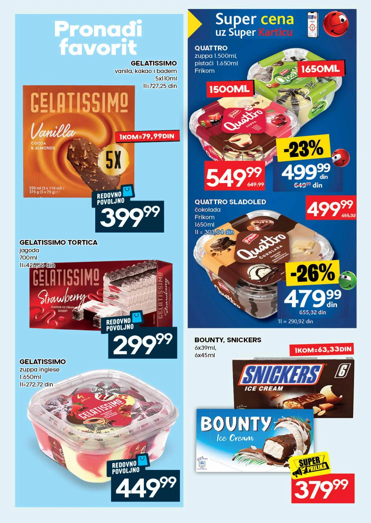 Roda katalog do 30.08.2026. – Frikom Quattro, Gelatissimo, Snickers i Bounty sladoledi