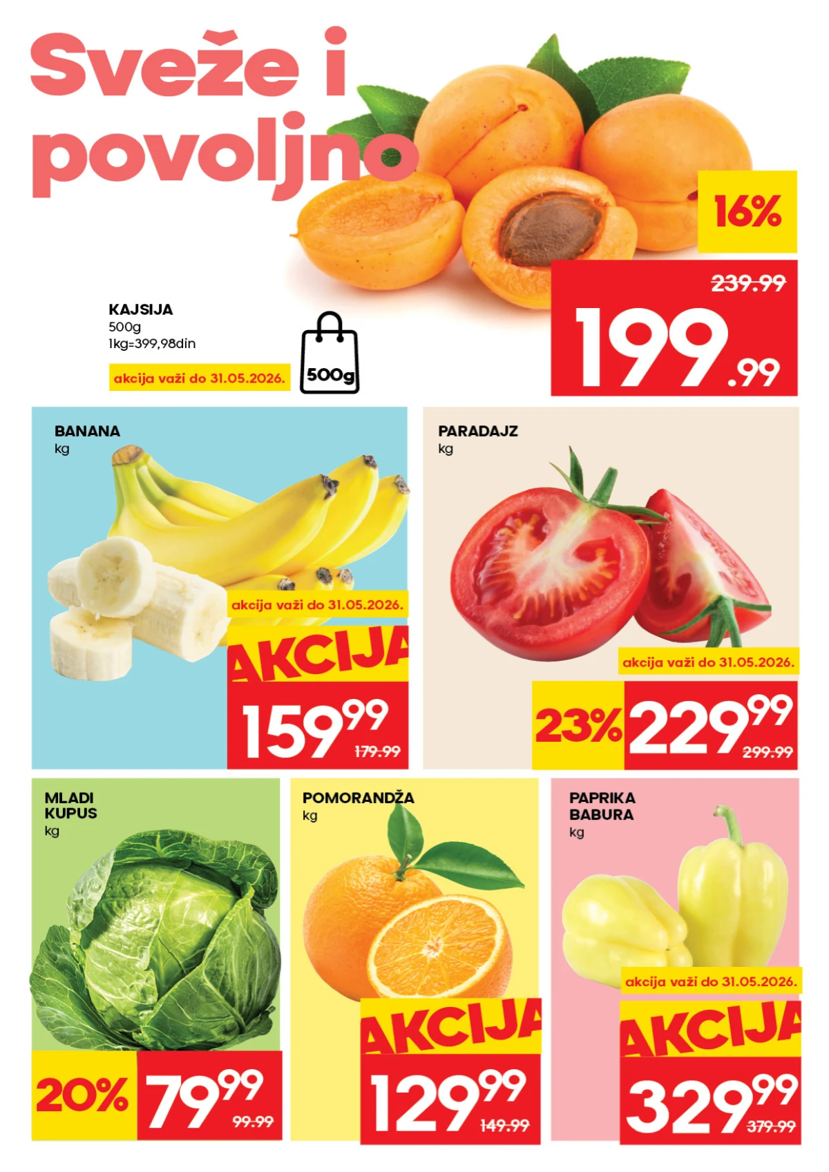 Roda katalog 28.05–03.06.2026 strana 2 – kajsije, banana, paradajz i mladi kupus na akciji