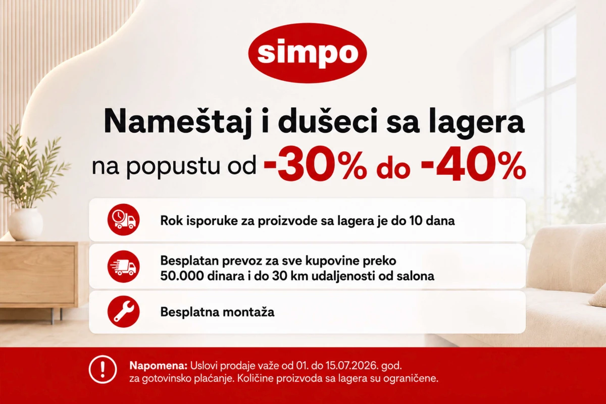 SIMPO akcija do 40% – nameštaj i dušeci sa lagera na popustu do 15.07.2026