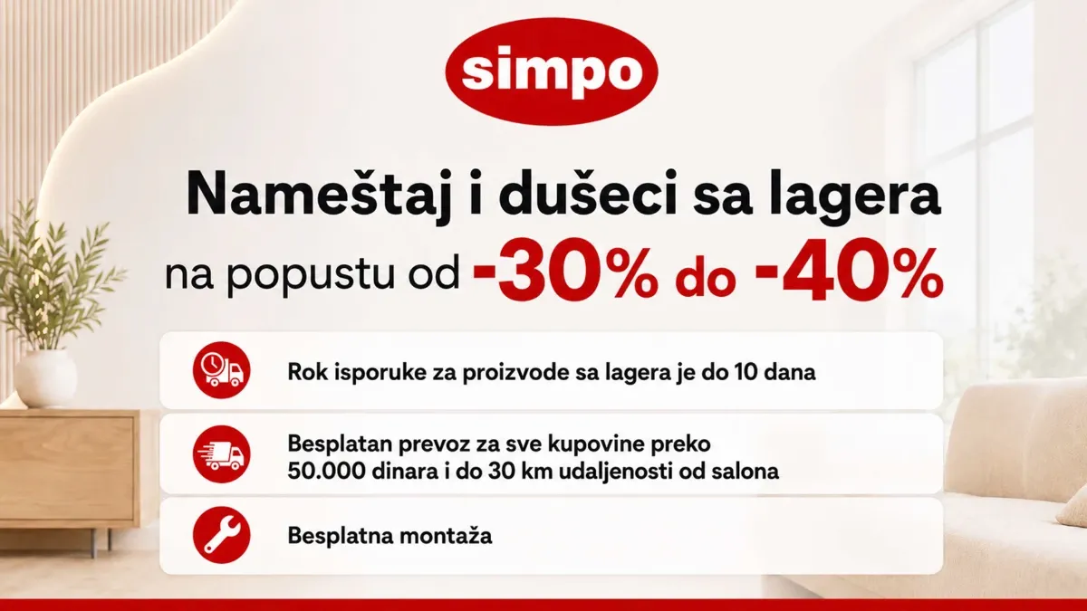 SIMPO akcija do 40% – nameštaj i dušeci sa lagera na sniženju do 15.07.2026