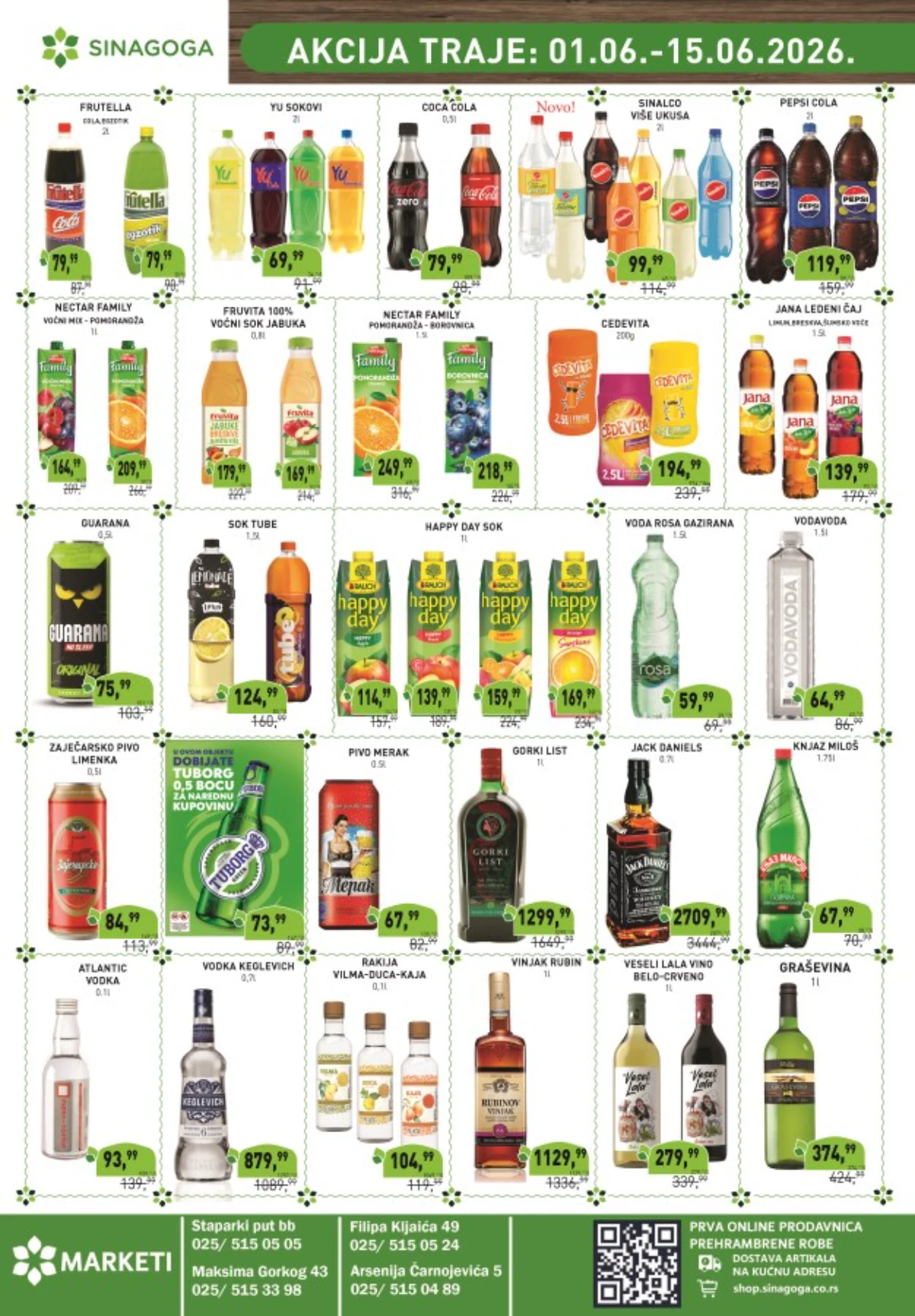 Sinagoga katalog pića – sokovi, gazirana pića, voda, pivo, vino i žestoka pića na akciji