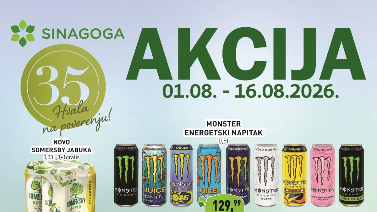 Sinagoga akcija od 01.08. do 16.08.2026. sa popustima na prehranu, piće, kućnu hemiju, džemove, omekšivače i druge proizvode