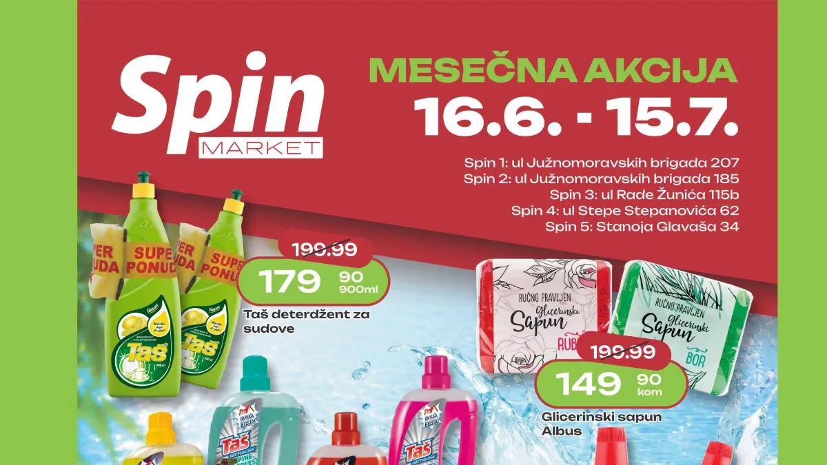 Spin Market akcija do 15.07.2026 – mesečna ponuda sa sniženjima na prehranu i proizvode za domaćinstvo