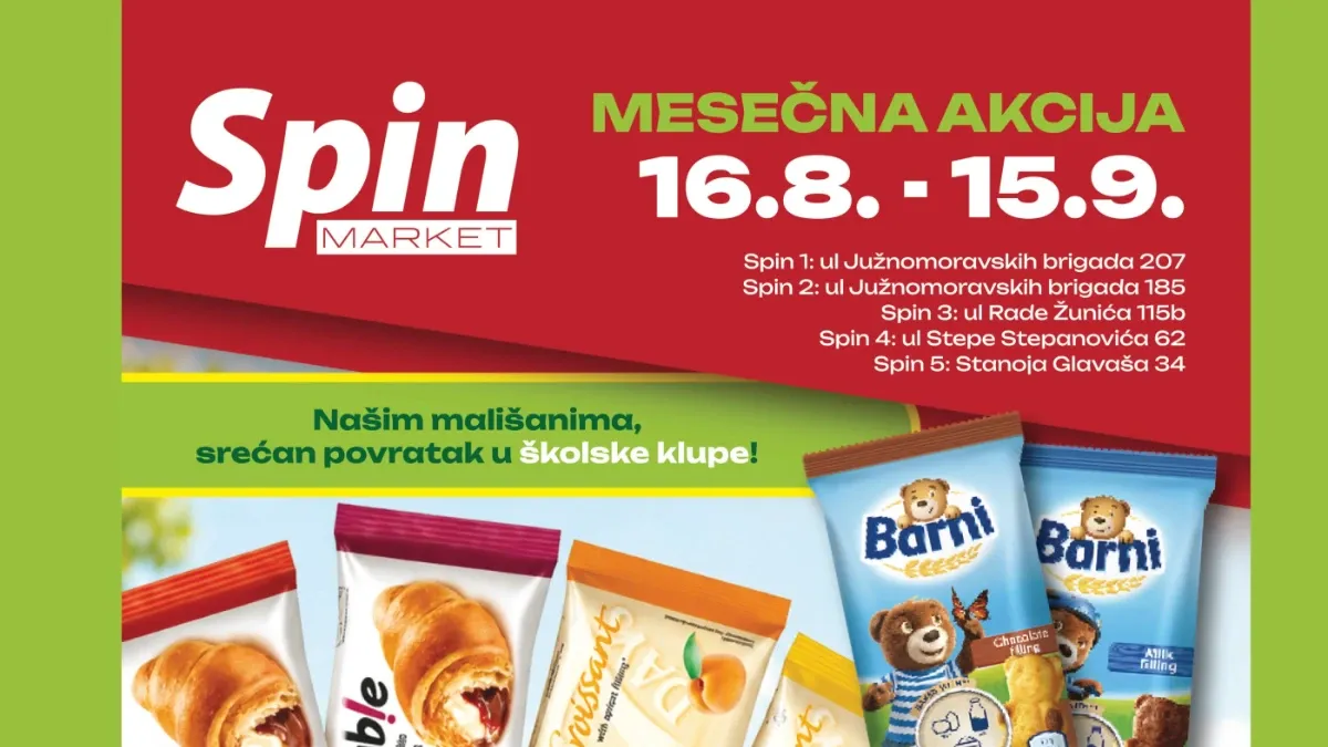 Spin Market mesečna akcija od 16.08. do 15.09.2026. – akcijske cene hrane, suhomesnatih i mlečnih proizvoda, slatkiša i drugih proizvoda