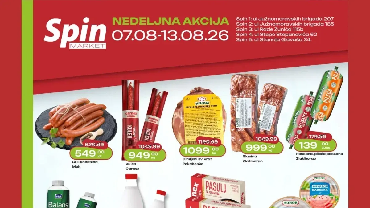 Spin Market nedeljna akcija do 13.08.2026. – akcijske cene suhomesnatih i mlečnih proizvoda, pića, slatkiša i proizvoda za domaćinstvo