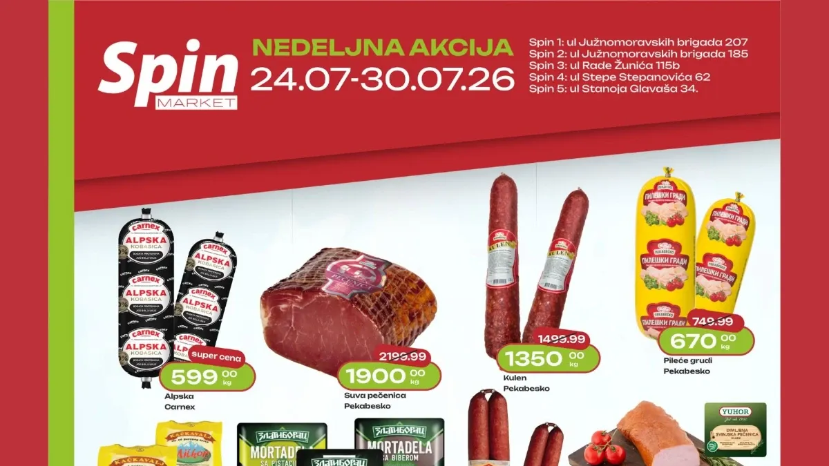 Spin Market nedeljna akcija do 30.07.2026. – prehrambeni proizvodi, suhomesnati proizvodi, mlečni proizvodi, pića i proizvodi za domaćinstvo po sniženim cenama
