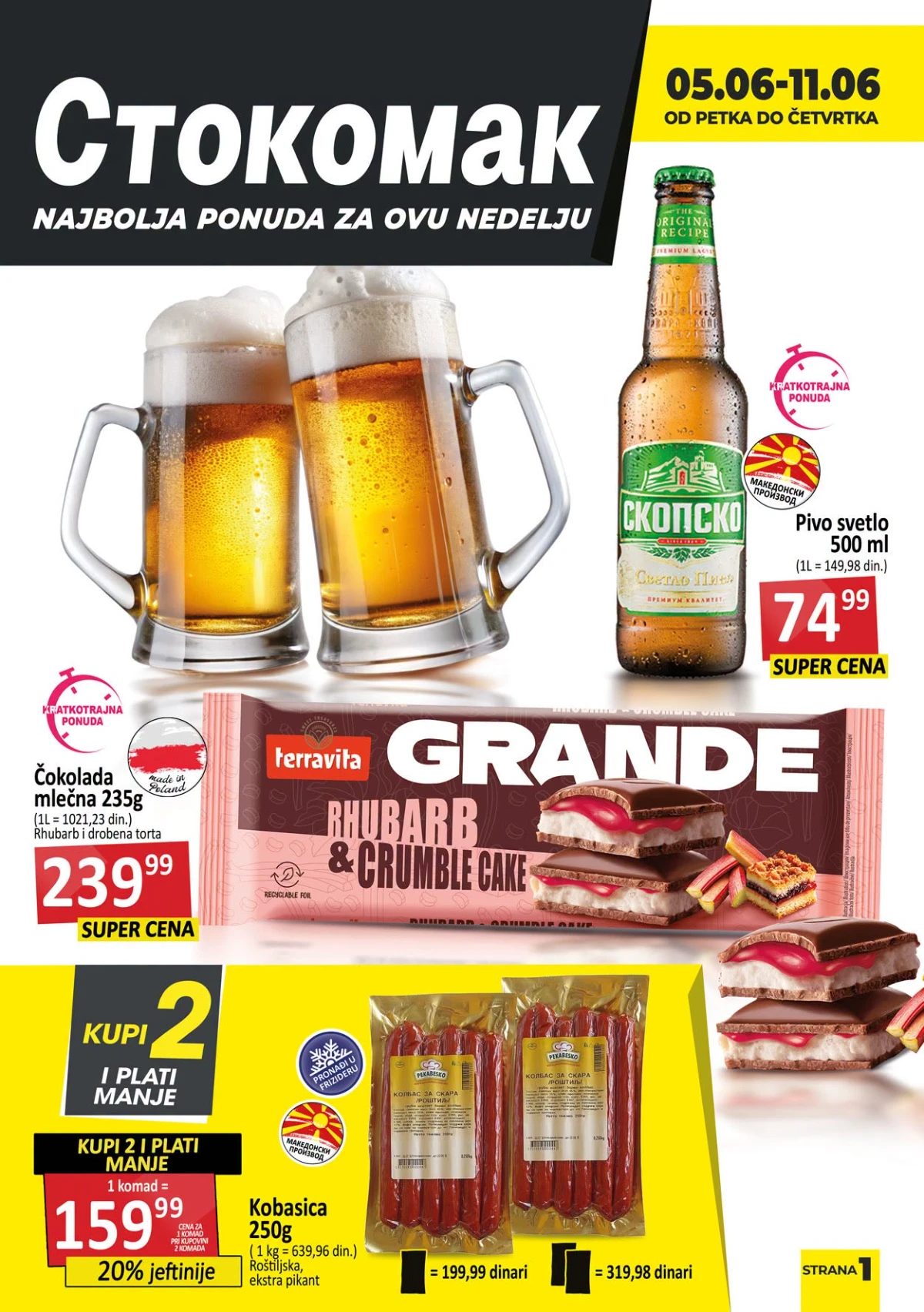 Stokomak katalog od 05.06. do 11.06.2026 – Skopsko pivo, čokolada Grande, kobasice i prehrambeni proizvodi na akciji
