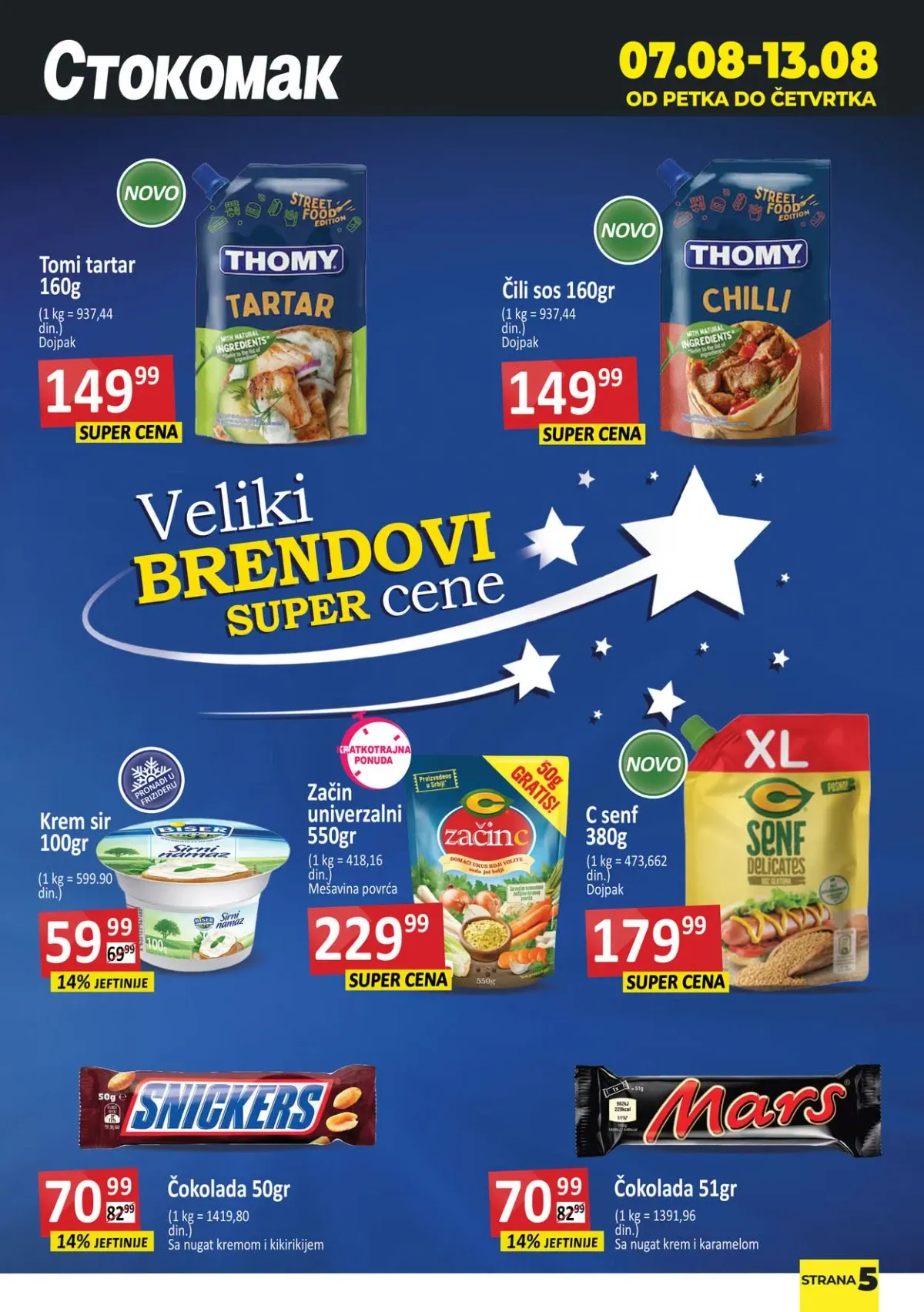 Stokomak akcija do 13.08.2026. – Thomy sosovi, krem sir, univerzalni začin, senf, Snickers i Mars