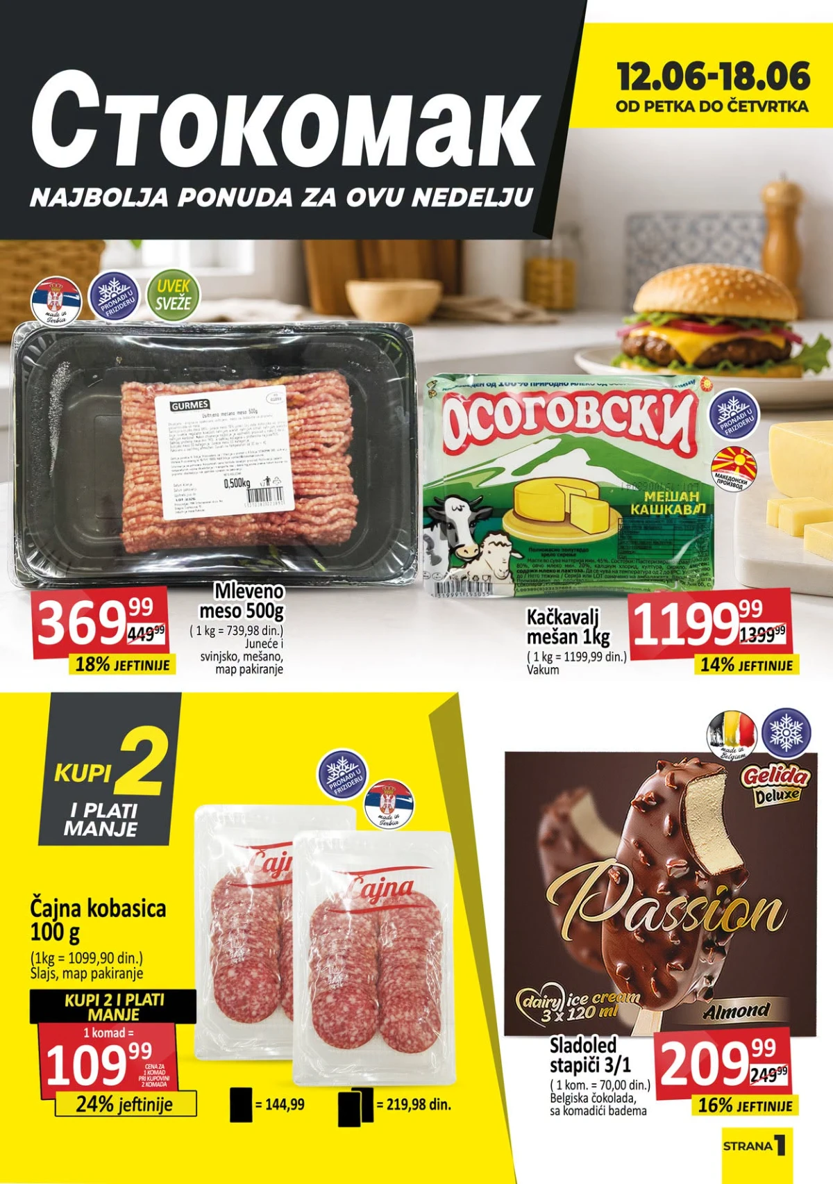 Stokomak akcija do 18.06.2026 – mleveno meso 369,99 din, kačkavalj 1.199,99 din, čajna kobasica i sladoled na sniženju
