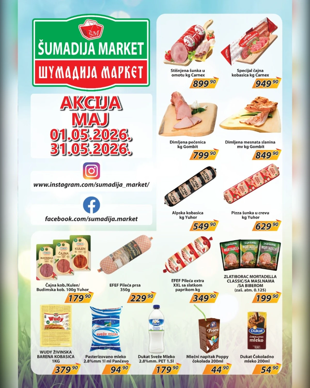 Šumadija Market katalog 01–31.05.2026 meso mleko piće i slatkiši na akciji