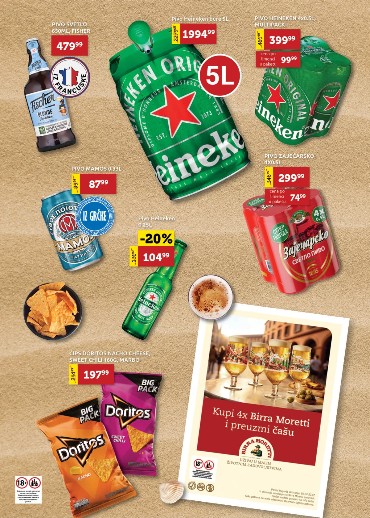 Super VERO akcija na Heineken, Zaječarsko, Fischer, Doritos i druga piva i grickalice.