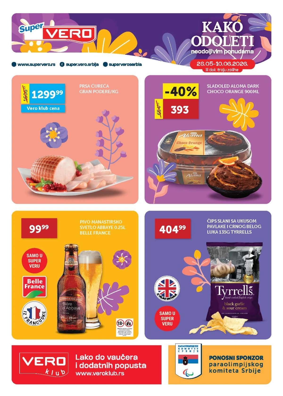 Super Vero katalog 28.05–10.06.2026 – ćureća prsa 1299,99 din, sladoled -40%, pivo 99,99 din i prehrambena akcija