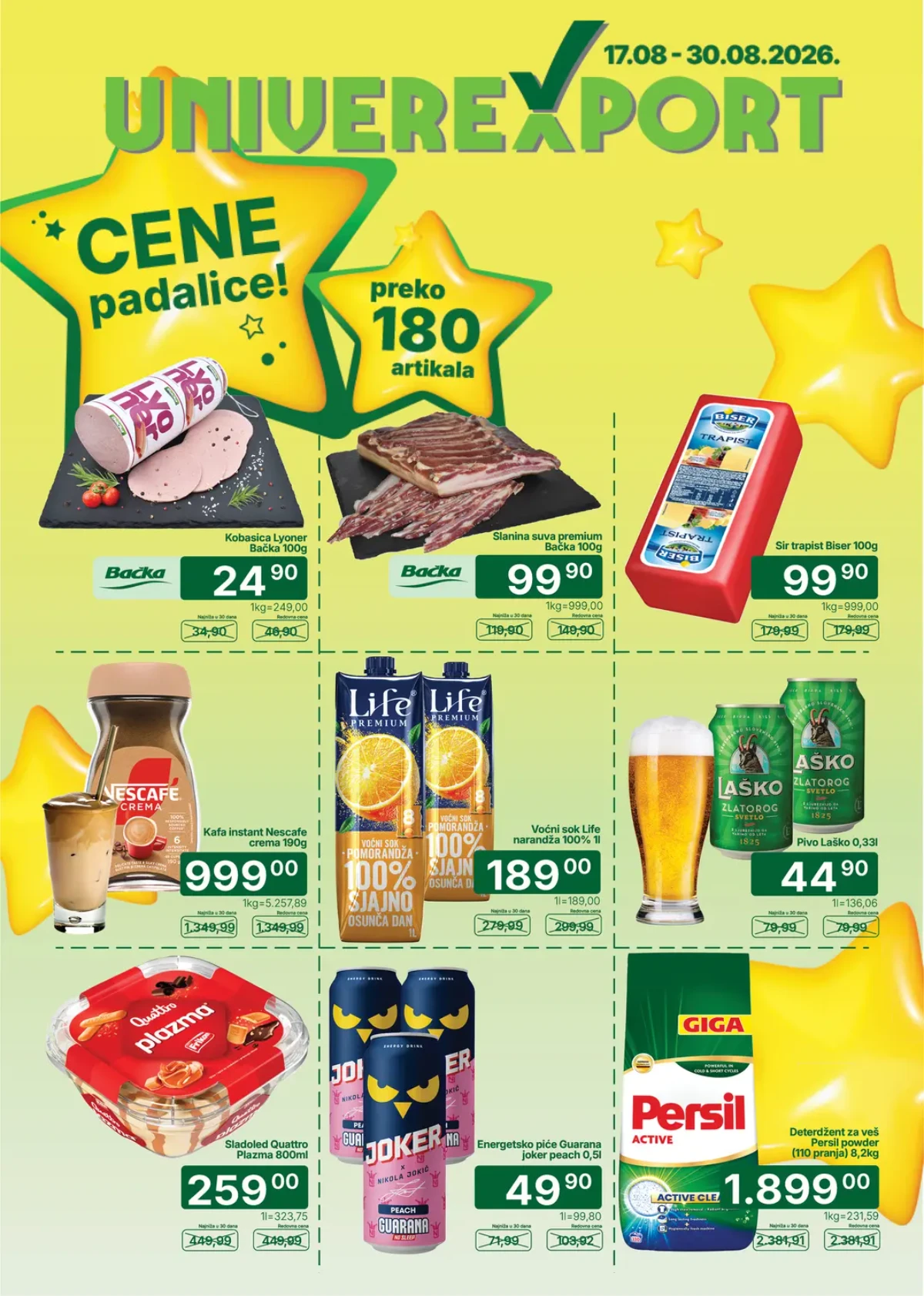 Univerexport Cene padalice od 17.08. do 30.08.2026. – više od 180 artikala po sniženim cenama, uključujući suhomesnate proizvode, sir, kafu, sokove, sladoled i deterdžent