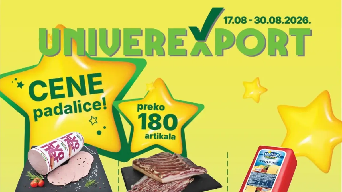 Univerexport Cene padalice od 17.08. do 30.08.2026. sa više od 180 artikala po sniženim cenama, uključujući hranu, piće, kućnu hemiju i proizvode za domaćinstvo