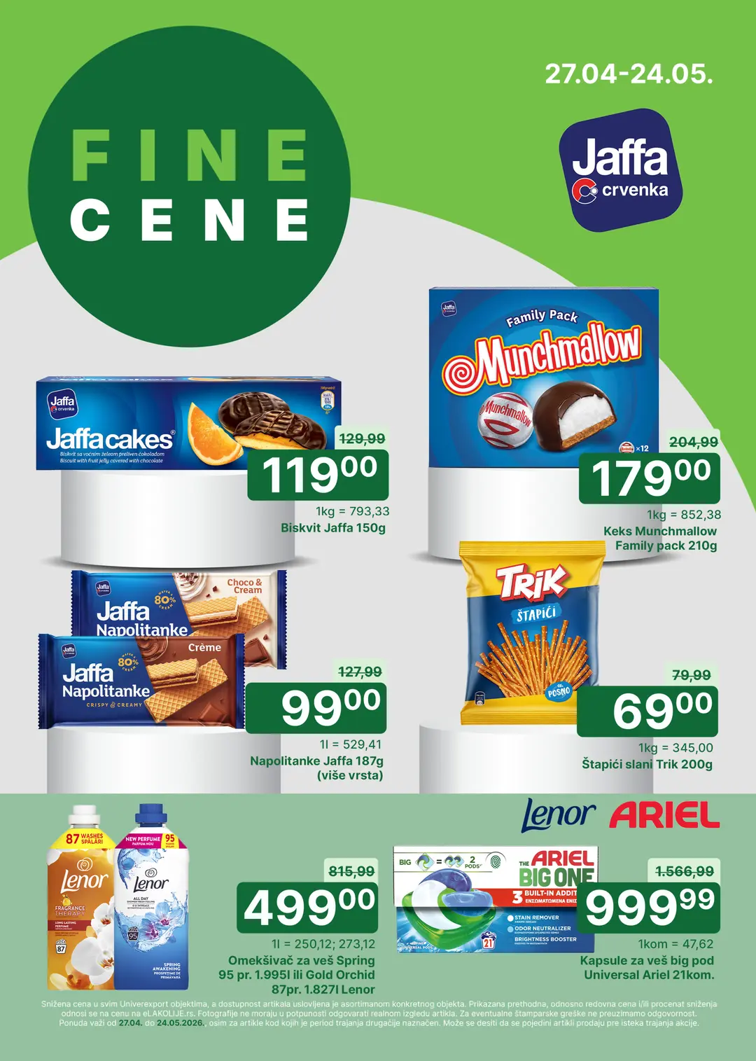 Univerexport fine cene maj 2026 Jaffa keks Munchmallow Trik Lenor omekšivač i Ariel kapsule