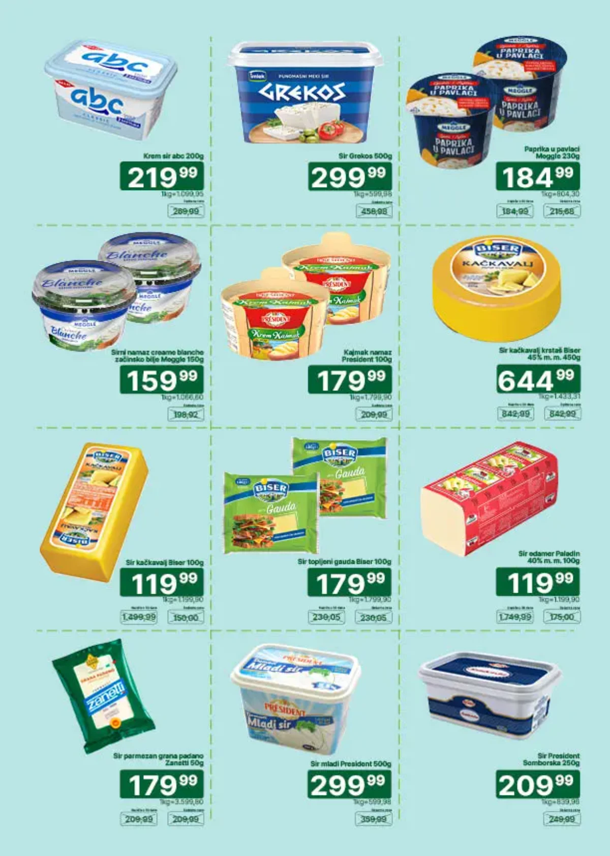 Univerexport akcija do 31.08.2026. – Biser kačkavalj 119,99 RSD za 100 g i Meggle Blanche sirni namaz 159,99 RSD