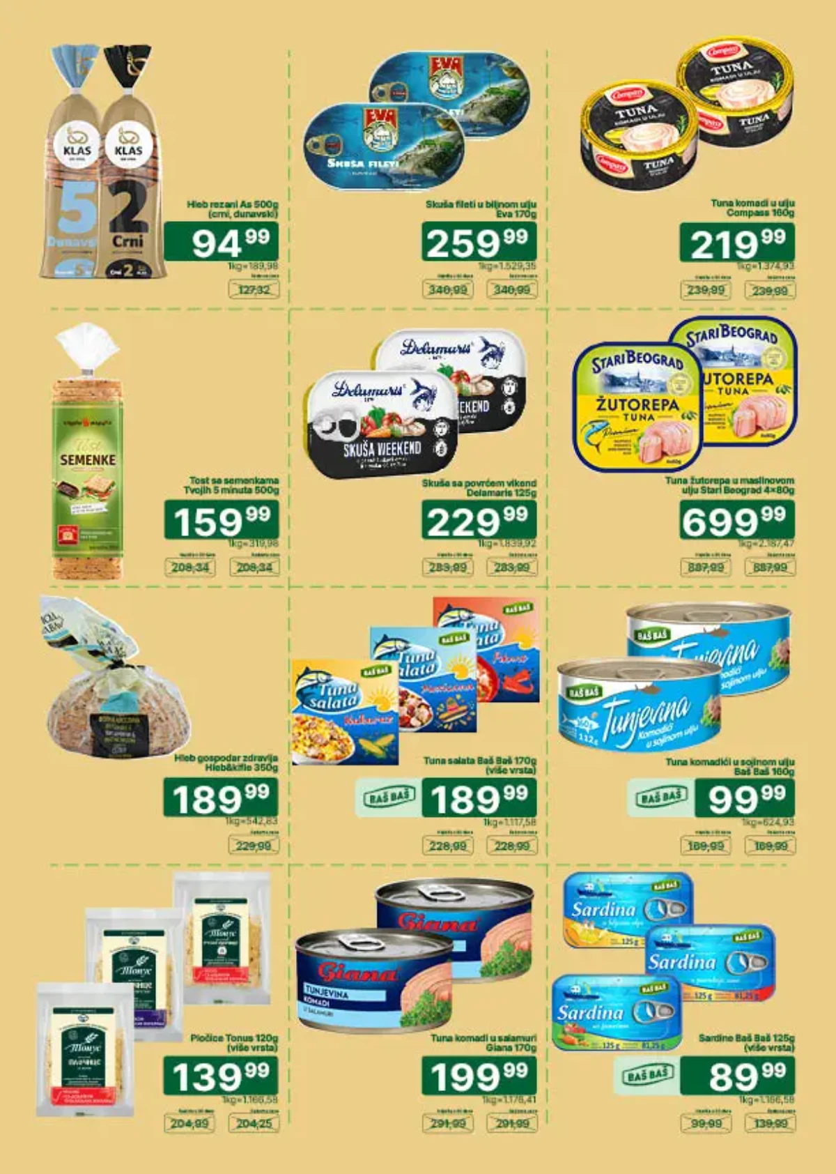 Univerexport akcija do 31.08.2026. – tuna Stari Beograd 4 x 80 g za 699,99 RSD i Baš Baš sardina 89,99 RSD