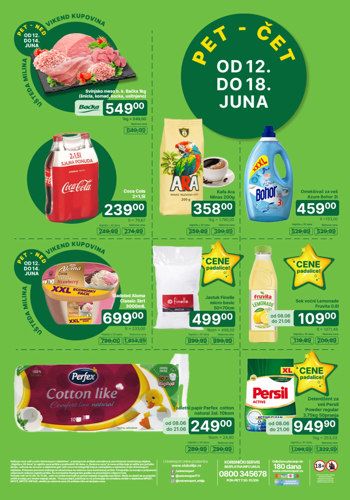 Univerexport PET–ČET akcija do 18.06.2026 – svinjsko meso 549 din, Coca-Cola 239 din, Ara kafa 358 din i Persil 949 din