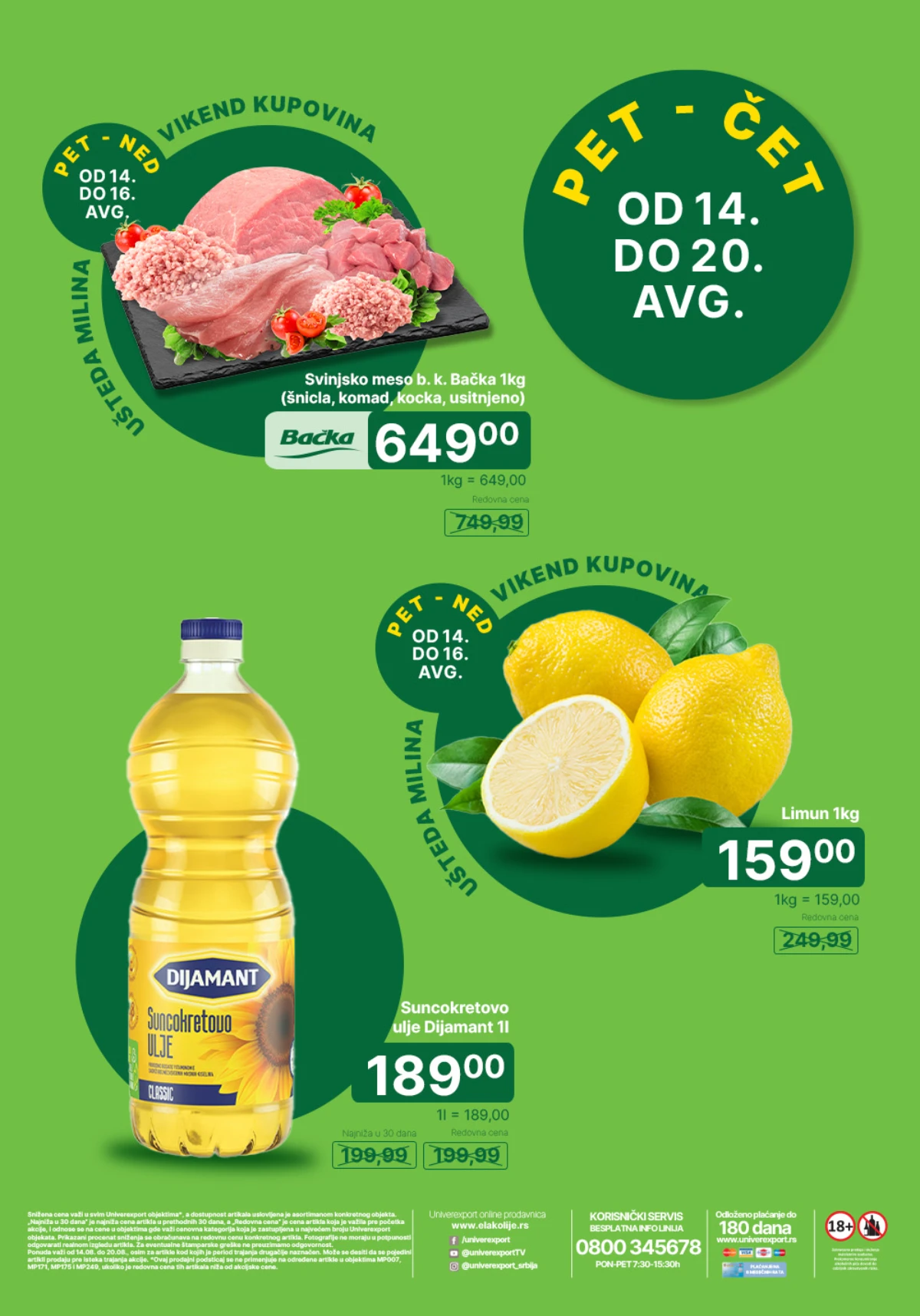 Univerexport akcija od 14. do 20.08.2026. – svinjsko meso, Dijamant suncokretovo ulje i limun po sniženim cijenama