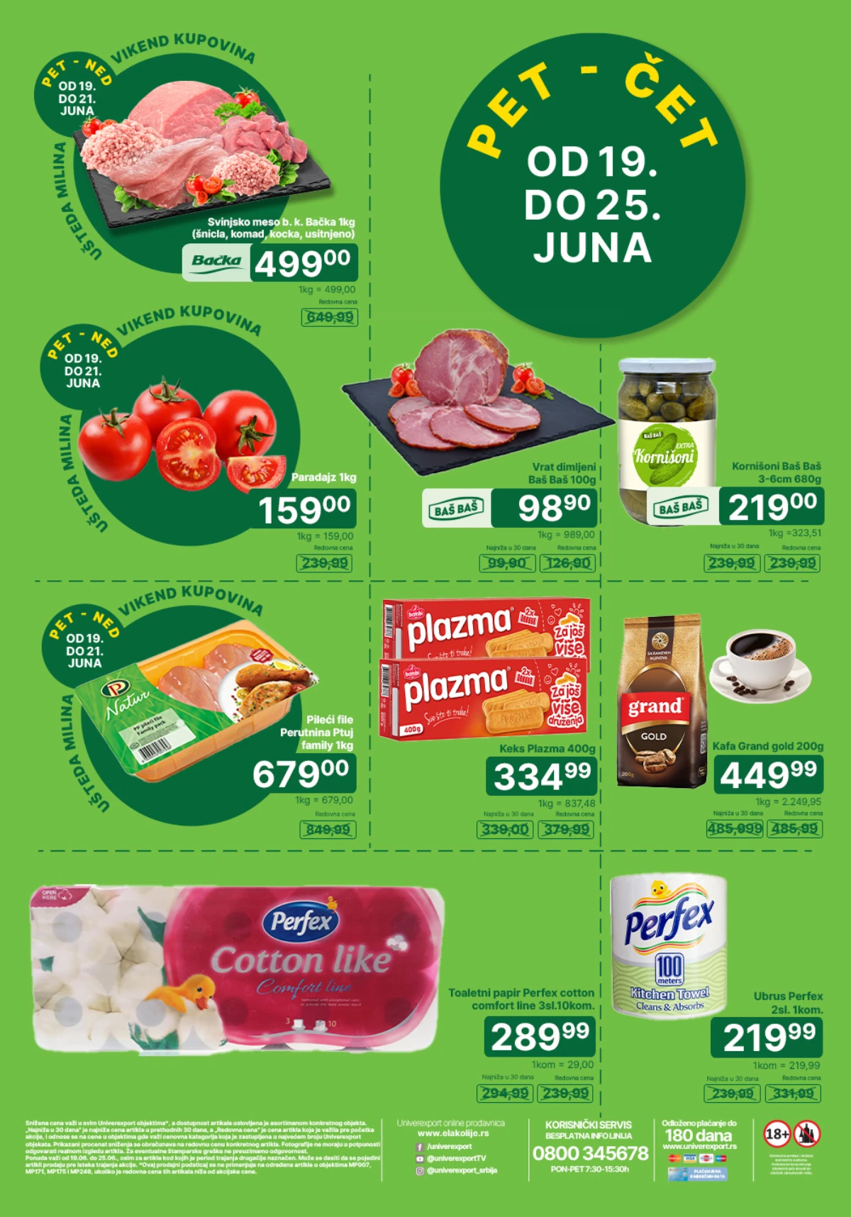 Univerexport PET–ČET akcija od 19. do 25.06.2026 – prehrana, kafa, meso i proizvodi za domaćinstvo na sniženju