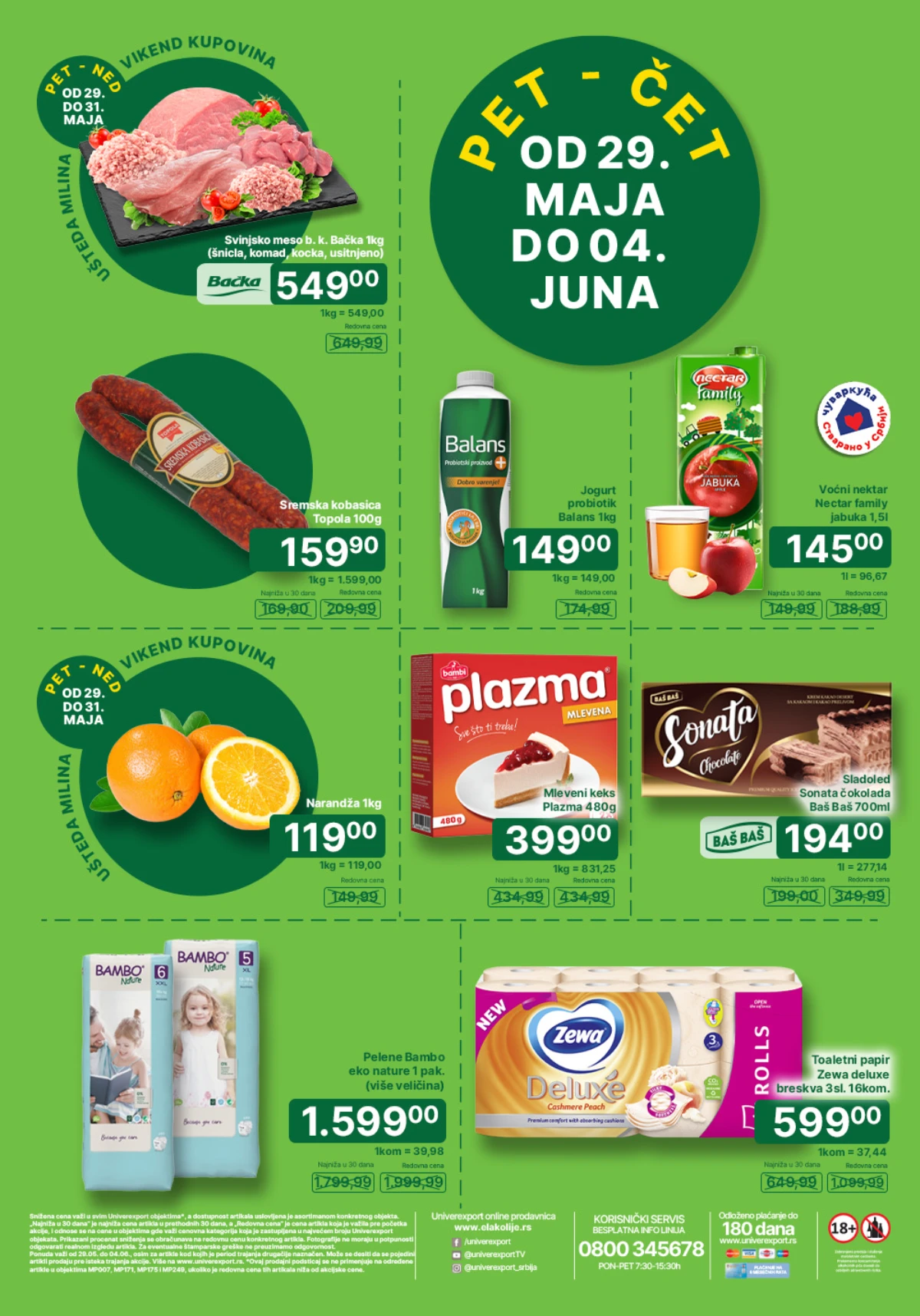 Univerexport akcija 29.05–04.06.2026 – svinjsko meso, Balans jogurt, Plazma i Zewa proizvodi na sniženju