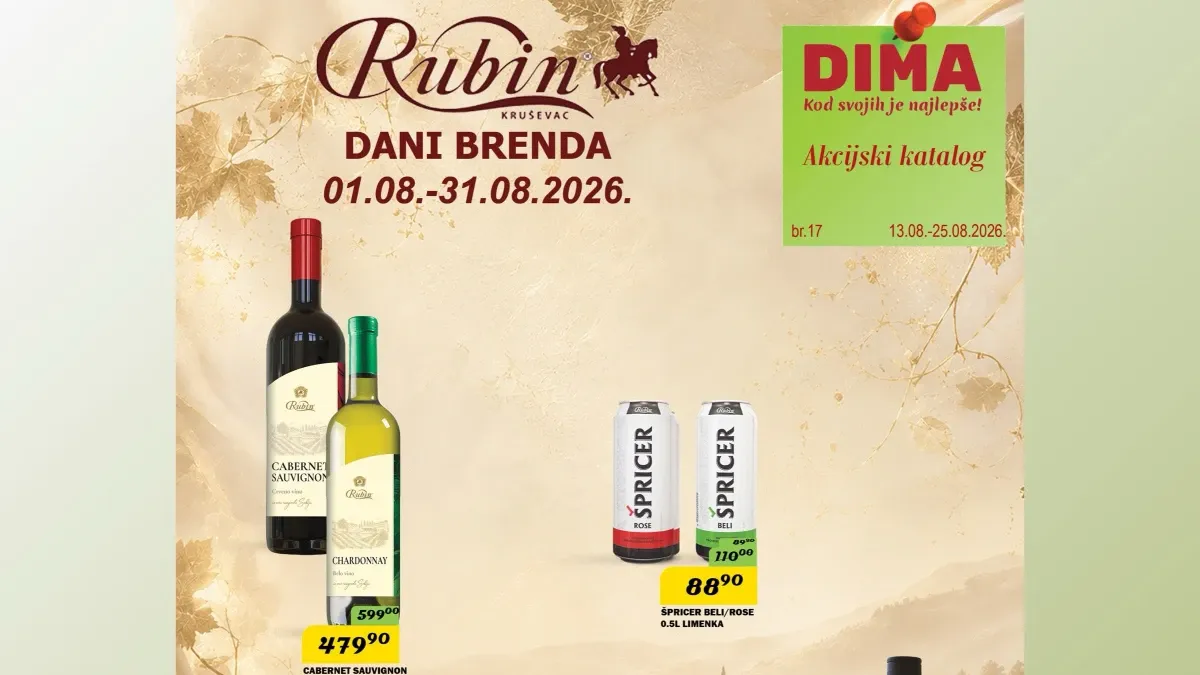 DIMA katalog do 25.08.2026. – prehrana, piće, slatkiši, kućna hemija i Rubin Dani brenda po akcijskim cenama