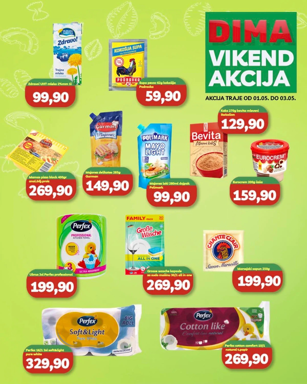 VP Dima vikend katalog – akcije na prehrambene proizvode i kućne potrepštine, važi do 03. maja 2026.