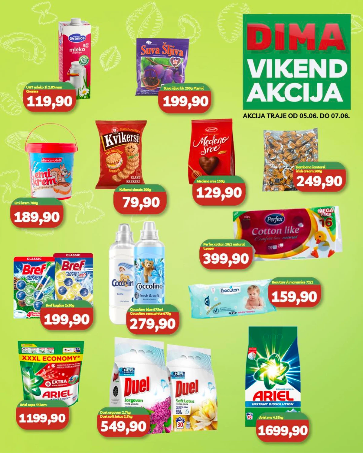 DIMA vikend akcija do 07.06.2026 – prehrana, slatkiši, kućna hemija i proizvodi za domaćinstvo po akcijskim cenama