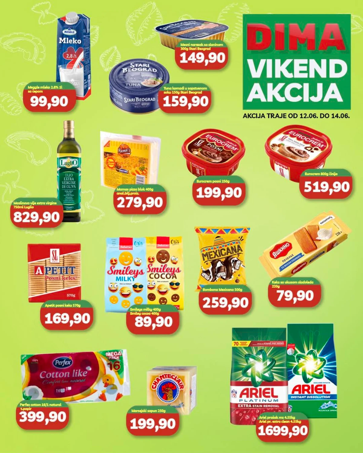 DIMA vikend akcija 12–14.06.2026 – mleko, tuna, Eurocrem, maslinovo ulje, Ariel i ostali proizvodi po akcijskim cenama