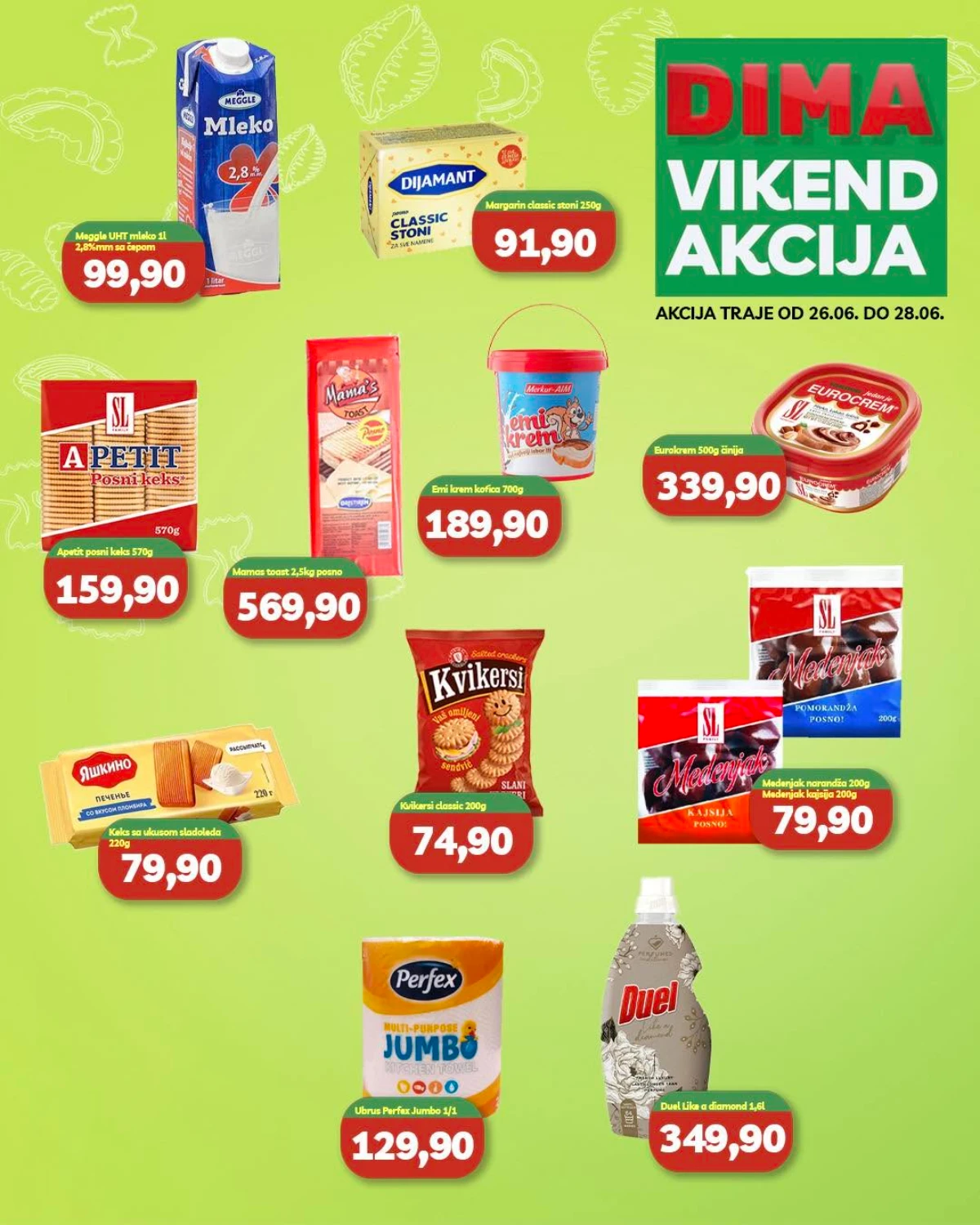 DIMA vikend akcija od 26. do 28.06.2026 – mleko, margarin, Eurokrem, keks, toalet papir i kućna hemija po akcijskim cenama