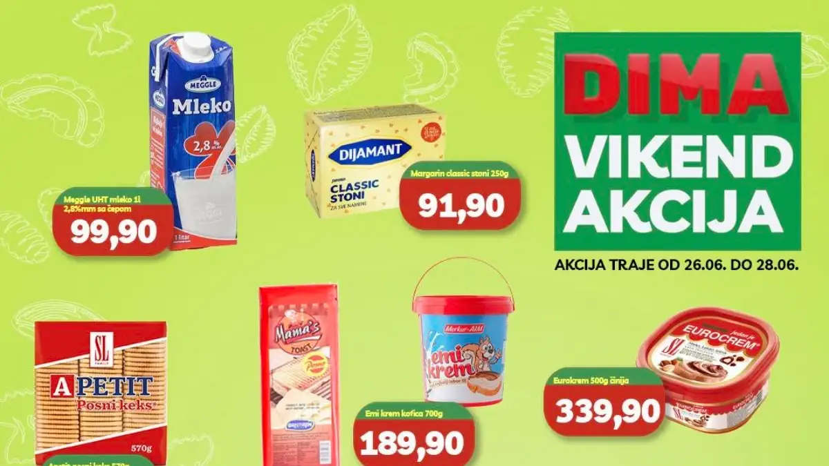 DIMA vikend akcija do 28% popusta od 26. do 28.06.2026 – prehrana, slatkiši, kućna hemija i proizvodi za domaćinstvo po akcijskim cenama