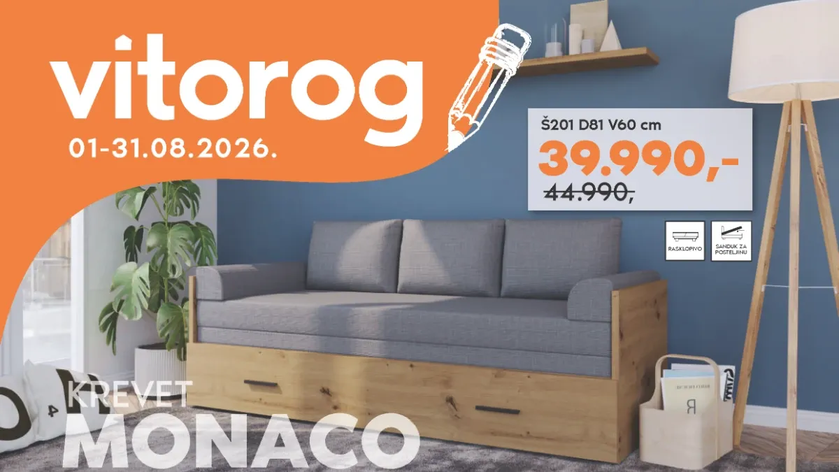 Vitorog katalog do 31.08.2026. – HIT cene i popusti do 29% na kuhinje, ugaone garniture, krevete, plakare i nameštaj