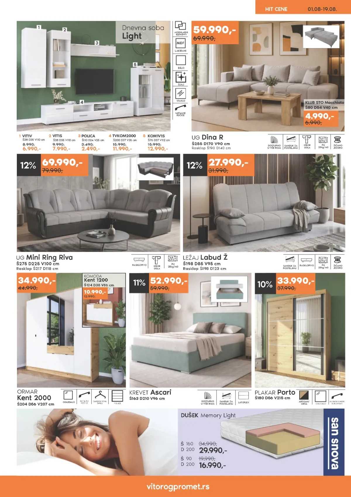 Vitorog katalog strana 7 – dnevna soba Light, ugaone Dina R i Mini Ring Riva, ležaj Labud, krevet Ascari i plakar Porto