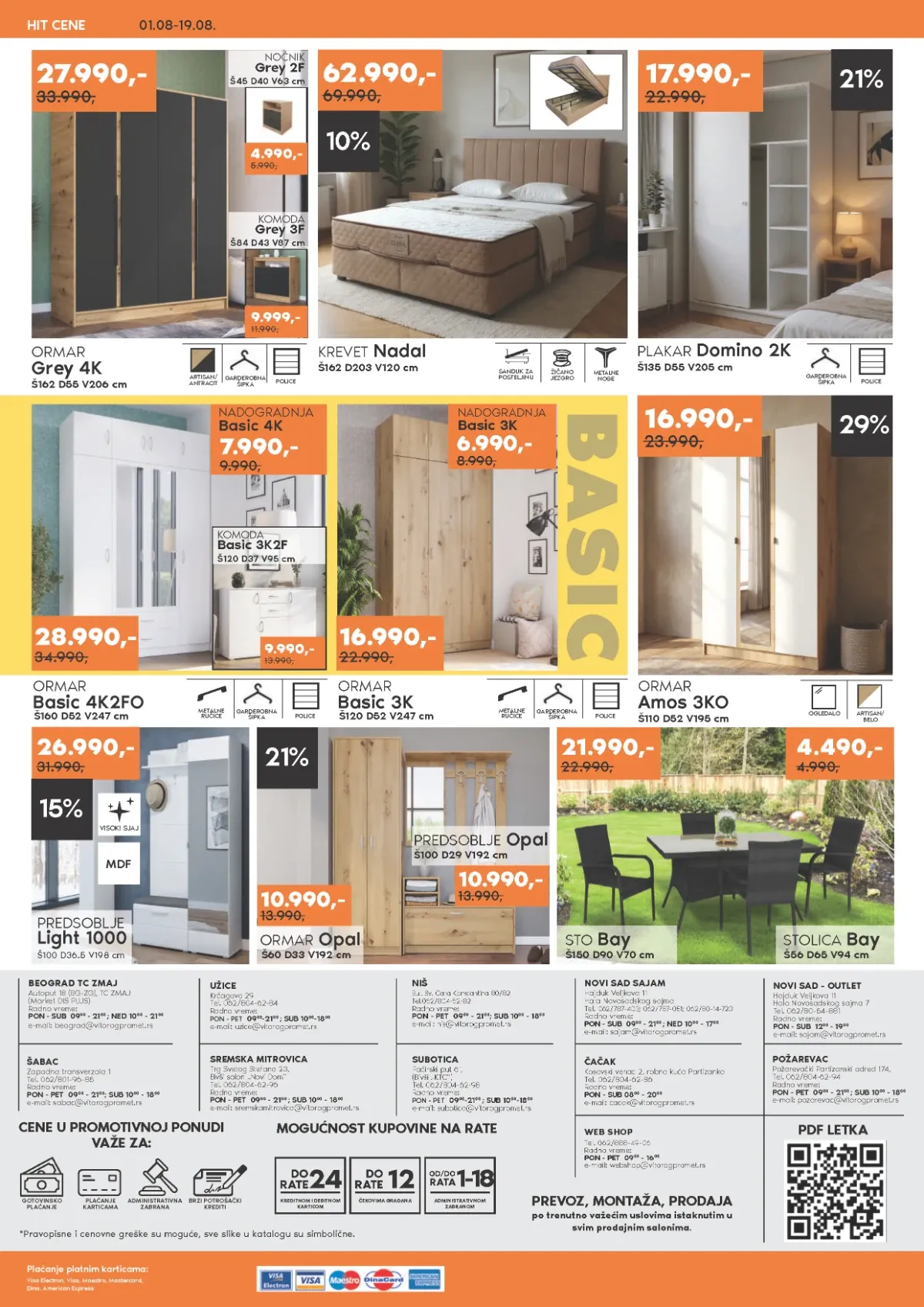 Vitorog katalog strana 8 – ormari Grey, Basic, Amos i Opal, krevet Nadal, plakar Domino i baštenski sto i stolice Bay