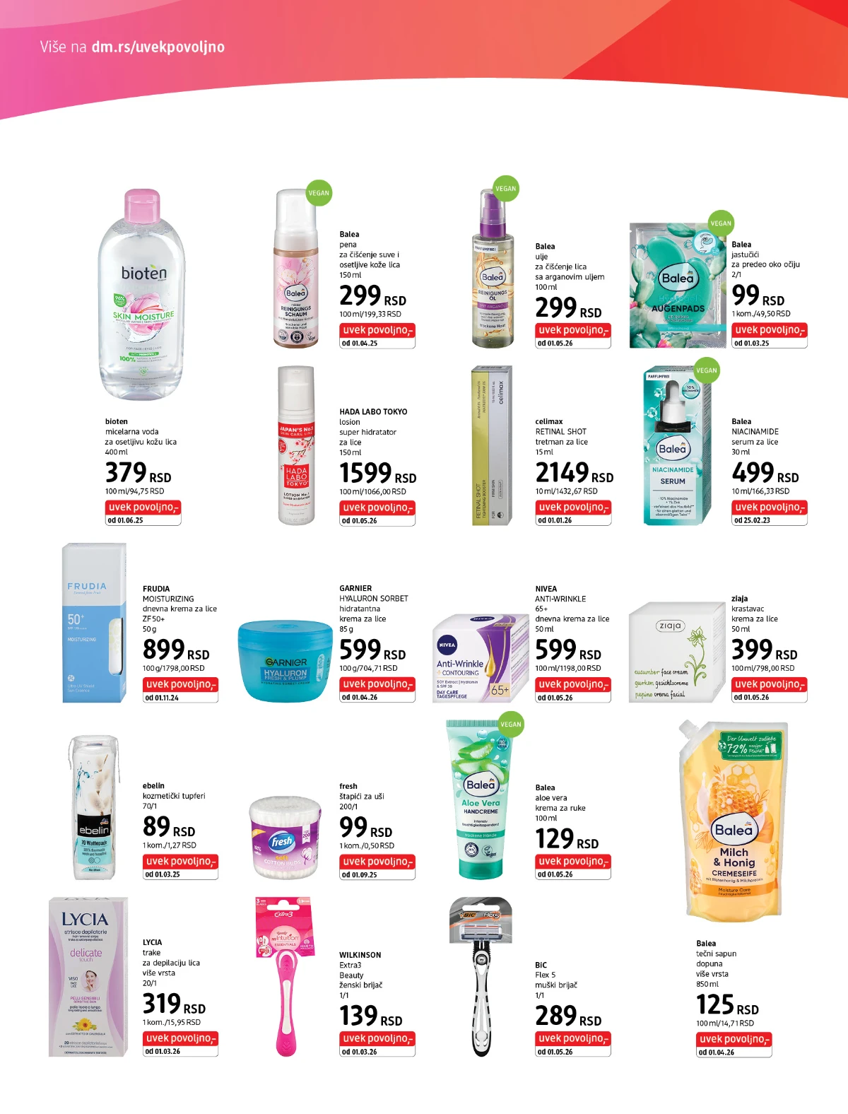 dm Uvek povoljno katalog strana 4 – nega lica, micelarna voda, serumi, kreme i kozmetički dodaci do 31.05.2026