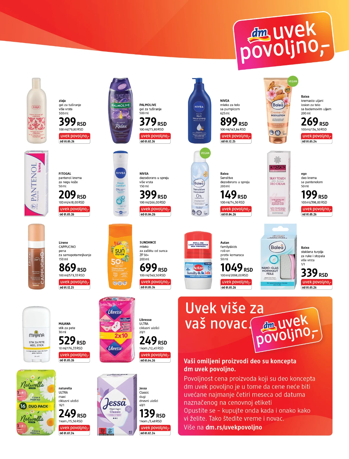 dm Uvek povoljno katalog strana 5 – gelovi za tuširanje, dezodoransi, mleko za telo, ulošci i krema za negu do 31.05.2026