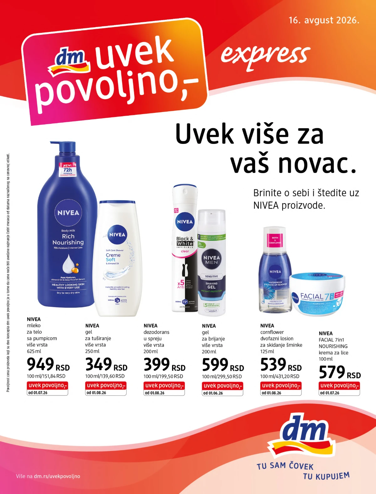 dm express avgust 2026 – NIVEA gel za tuširanje 349 RSD, dezodorans 399 RSD i proizvodi za negu lica i tela