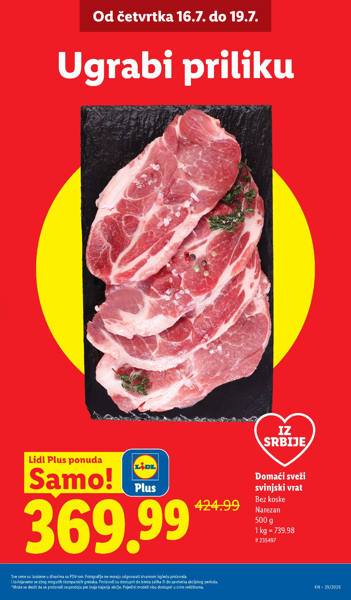 Lidl katalog – domaći sveži svinjski vrat 500 g po Lidl Plus ceni od 369,99 dinara